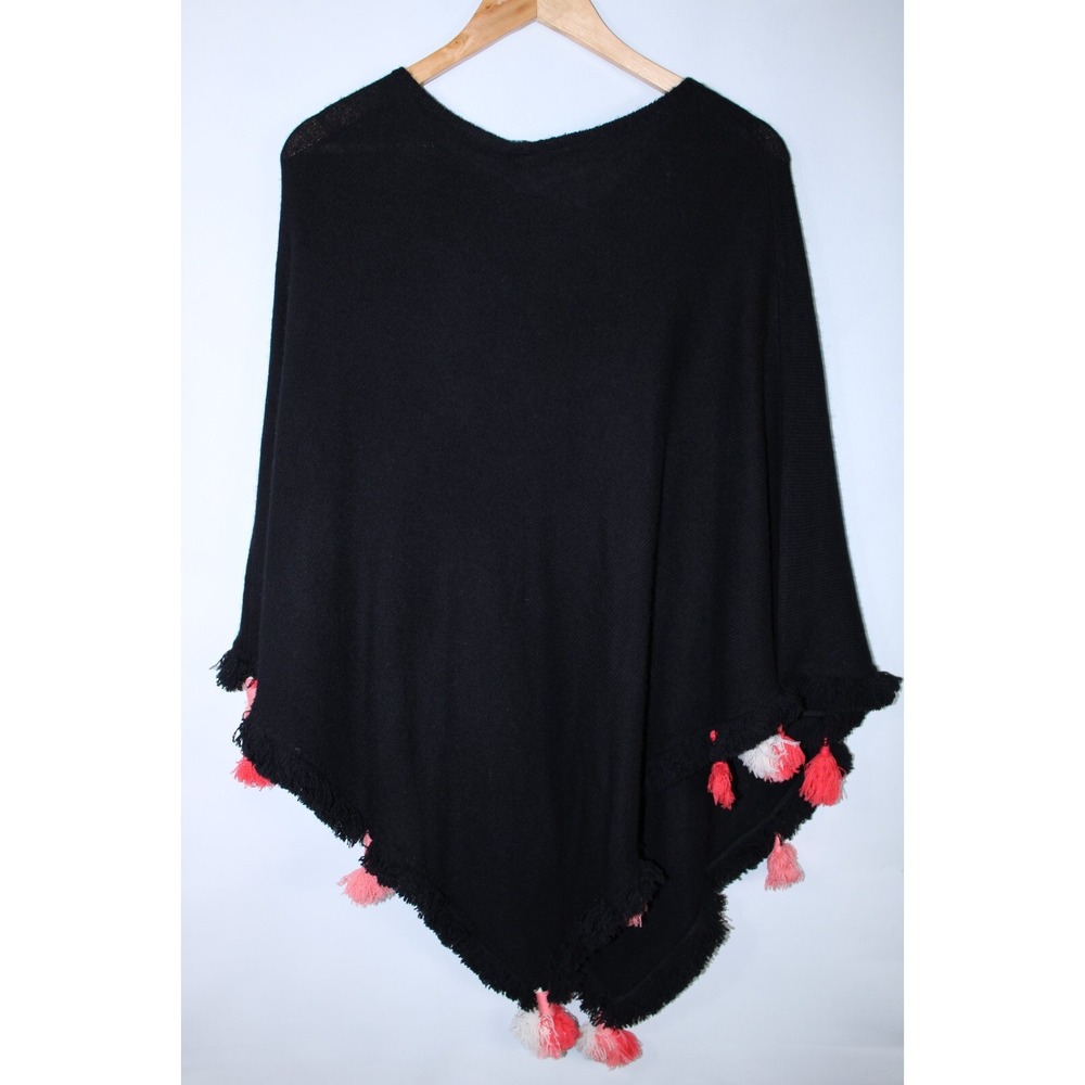 NWT Beryll Women's One Size Black Cashmere Poncho with Colorful Pompoms - Picture 6 of 10